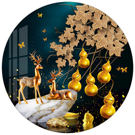 金色葫芦轻奢麋鹿圆形装饰画