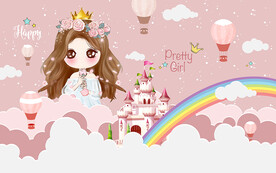 手绘可爱公主城堡儿童房背景墙