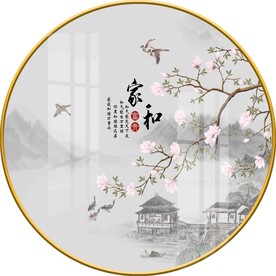 新中式手绘玉兰花鸟圆形装饰画图