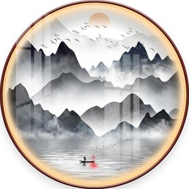 中式山水圆形装饰画图片