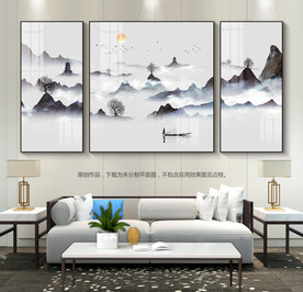 禅意山水画客厅装饰画挂画三联画