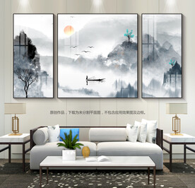 抽象水墨画三联画新中式装饰画