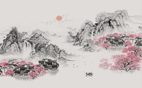 新中式水墨山水民居国画背景墙