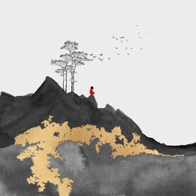 新中式金色水墨禅僧风景装饰画