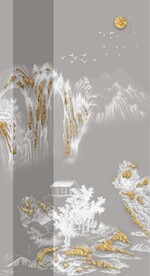 新中式金色浮雕山水玄关装饰画