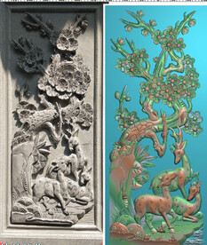 梅花鹿 寒梅树 福禄寿 石雕 