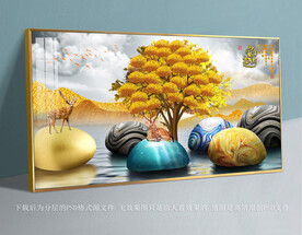 高清鹅卵石发财树梅花鹿装饰画