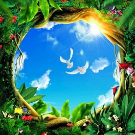 蓝天白云绿叶吊顶天顶壁画