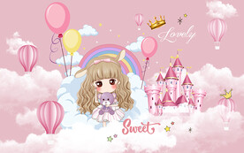 卡通公主粉色城堡彩虹儿童房背景