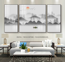 中式水墨山水客厅装饰画三联画