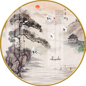 新中式意境水墨山水圆形装饰画图