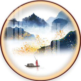 新中式意境水墨山水圆形装饰画图