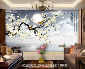 手绘玉兰花鸟客厅背景墙