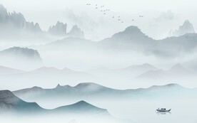 蓝色新山水背景墙 TIF分层