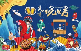 撸串烧烤店国潮背景墙