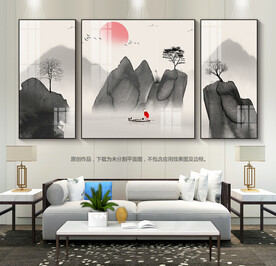 中式水墨山水画客厅装饰画三联画