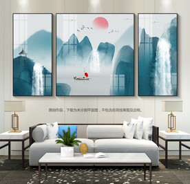 水墨山水画沙发背景画三联画挂画