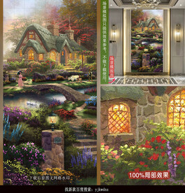 田园别墅小溪油画风景装饰画