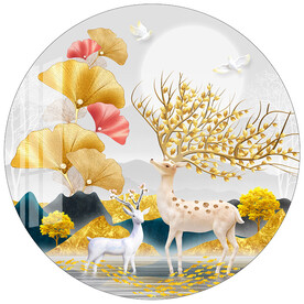 金色轻奢银杏叶麋鹿圆形装饰画