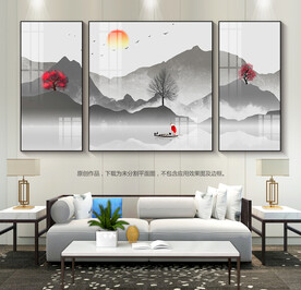 水墨山水画客厅装饰画沙发背景画