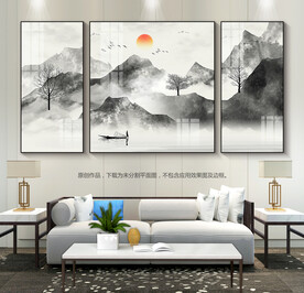 水墨山水画客厅装饰画挂画三联画