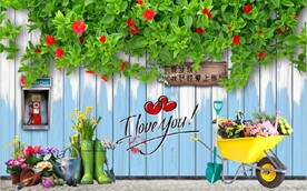 欧美田园风木板花藤花墙背景墙