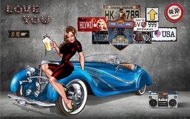 3D欧美风汽车美女酒吧背景墙