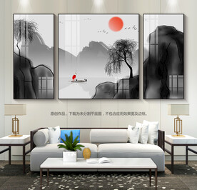 水墨风客厅装饰画三联画沙发背景