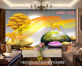 高清鹅卵石发财树背景墙