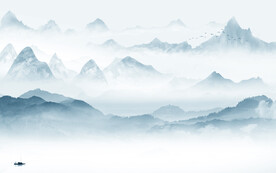 蓝色中式新山水画 文件分层画