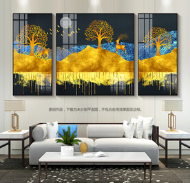 金色山水装饰画客厅挂画三联画
