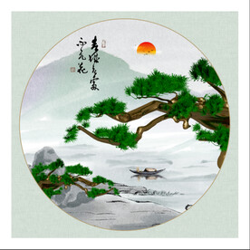 水墨山水小船松树背景墙图片