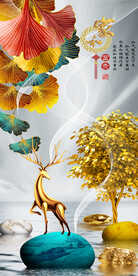 石来运转麋鹿山水玄关装饰画