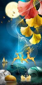 石来运转麋鹿山水玄关装饰画