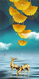 石来运转麋鹿山水玄关装饰画