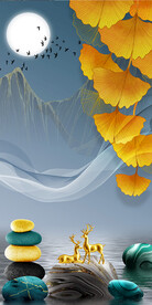 石来运转麋鹿山水玄关装饰画