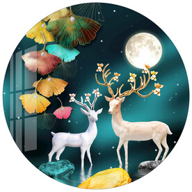 麋鹿银杏叶轻奢圆形装饰画