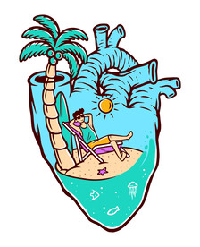 创意插图心脏中开心海滨沙滩度假