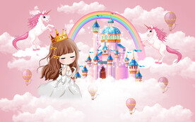 卡通城堡公主独角兽儿童房背景墙