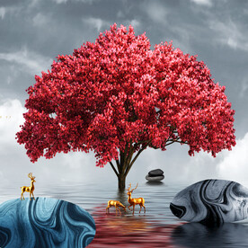 装饰画 晶瓷画 麋鹿 红色树