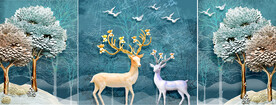 装饰画 晶瓷画 麋鹿 蓝色 树