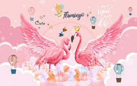 可爱卡通火烈鸟翅膀儿童房背景墙