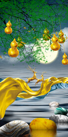 石来运转麋鹿山水葫芦玄关装饰画