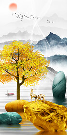 石来运转麋鹿山水玄关装饰画