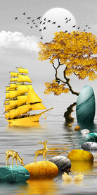 石来运转麋鹿山水玄关装饰画