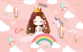 可爱卡通独角兽公主儿童房背景墙