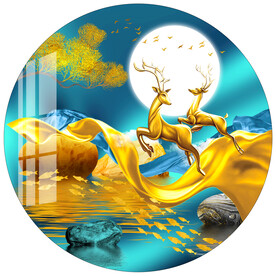 金色飘带轻奢麋鹿圆形装饰画