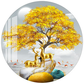 金色麋鹿发财树圆形装饰画