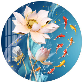 浮雕荷花九鱼图装饰画