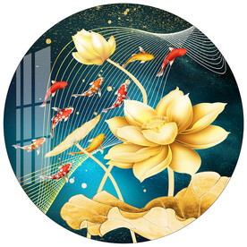 金色荷花九鱼图圆形装饰画